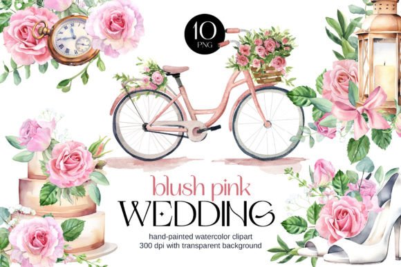 Blush Pink Roses Wedding Set: Delicate Watercolor Illustrations
