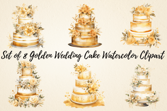 Golden Wedding Cake Watercolor Clipart: A Touch of Elegance