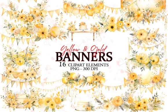 Radiant Yellow and Gold Watercolor Elements for Wedding Designs