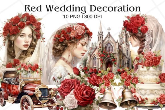 Red Wedding Decoration Watercolor: Elegant Floral Design Assets